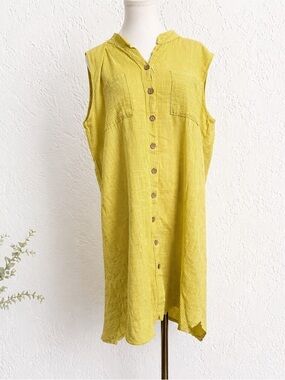 Made in Italy Cotton Tunic Dress Yellow Stripe Button Front Boho L